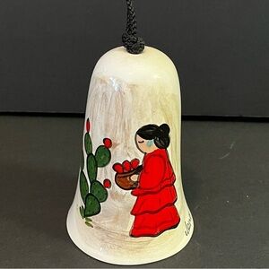 Southwest Mexican Pottery Hand Painted Wind Chime Bell Ornament Cactus Signed